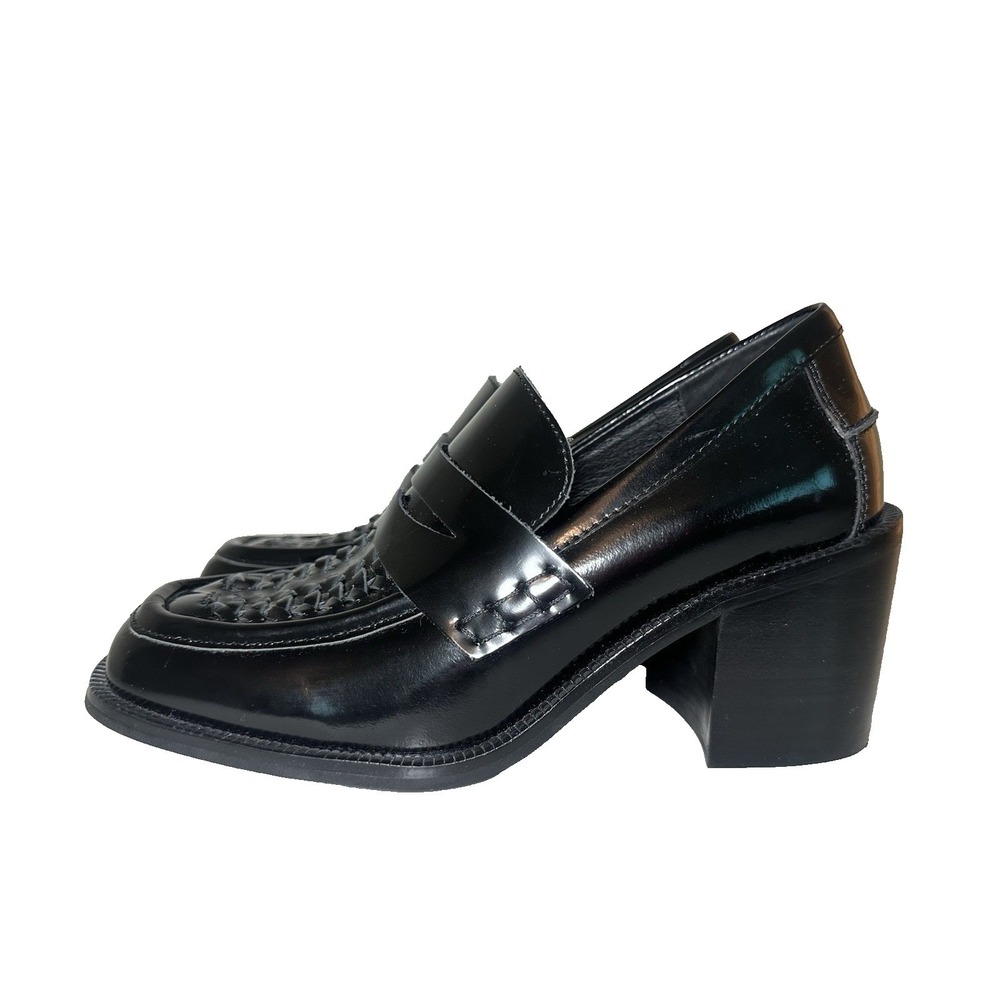 Jeffrey Campbell 7.5 Sims Black Heeled Loafers Y2K Academia Preppy Chunky Heel